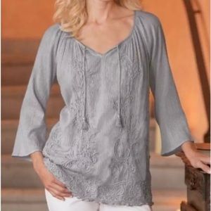 Soft Surroundings Size Medium Gray Winding Vines Embroidered Tassels Blouse Top
